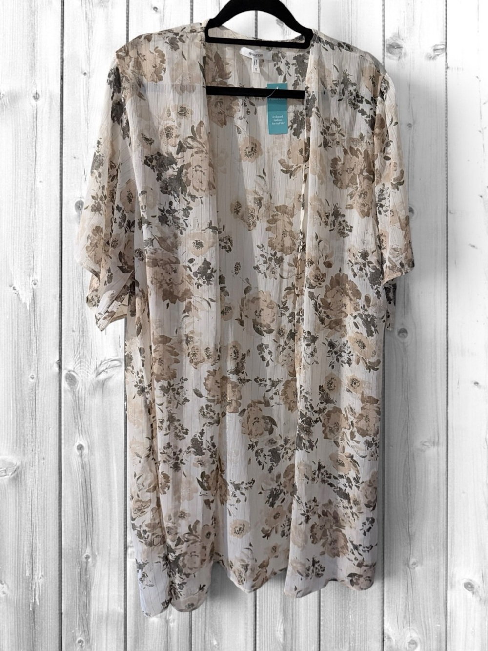 Maurices Beige Floral Sheer Open-Front Kimono